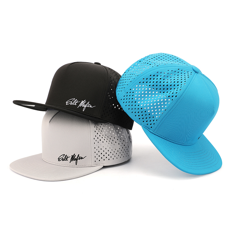 Wholesale Custom High Quality 5 Panel Luxury Snap Back Flat Brim Laser Cut Hole Perforated Sport Hip Hop Snapback Cap Hat