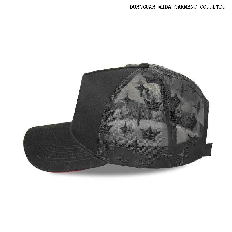 3D embroidery logo + back panel mesh ventilation + windproof snap fastener
