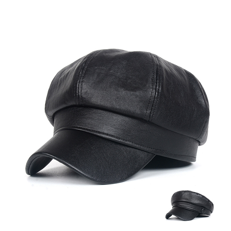 PU Leather 8 Panel Cap Beret Leather Hat