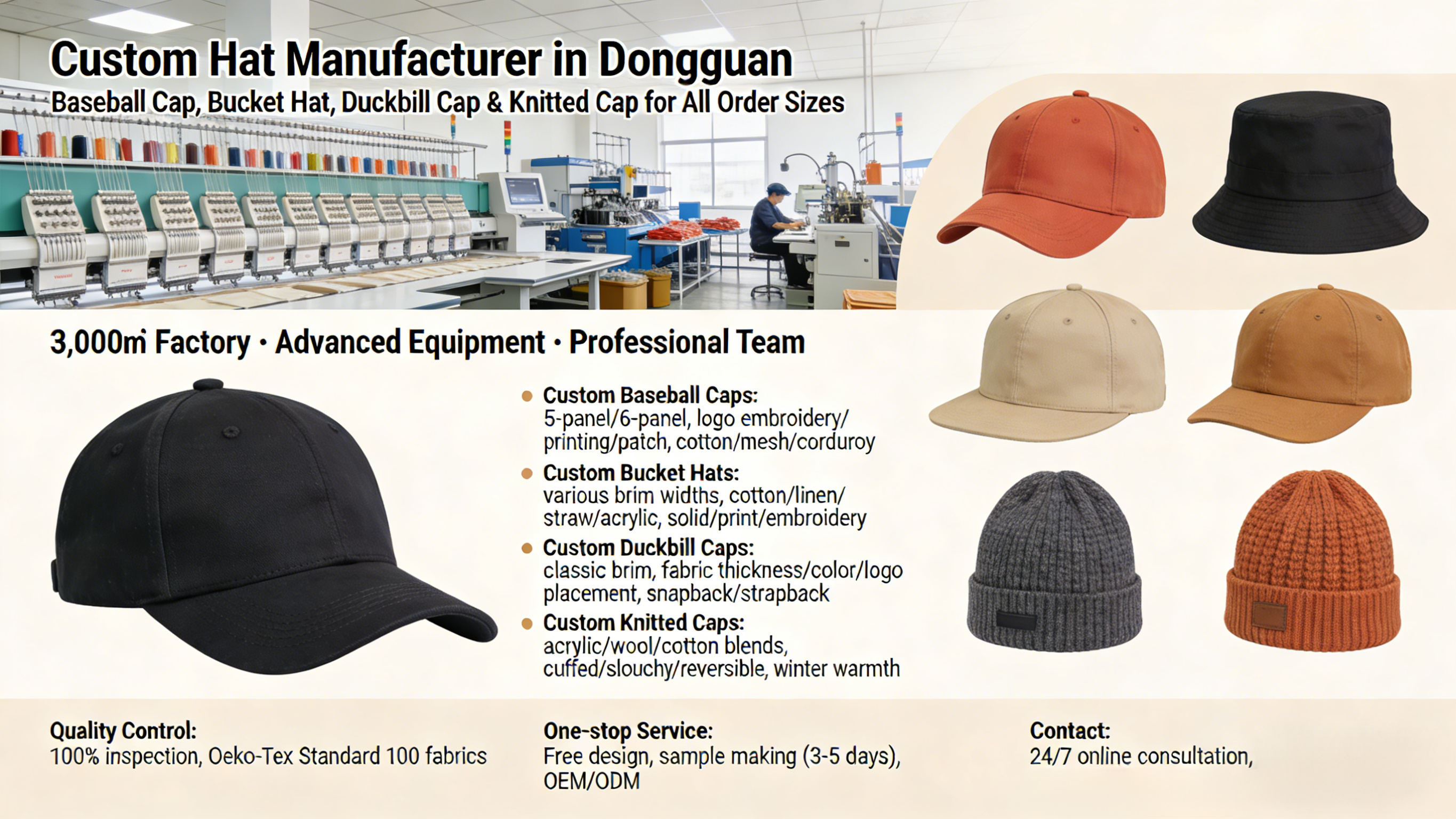 Custom Hat Manufacturer in Dongguan: Baseball Cap, Bucket Hat, Duckbill Cap & Knitted Cap for All Order Sizes
